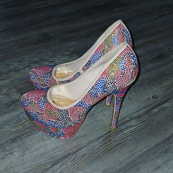 Viga Fiore multicolor rhinestone platform 6" heels  Sz 8.5 EUC - Picture 4 of 11